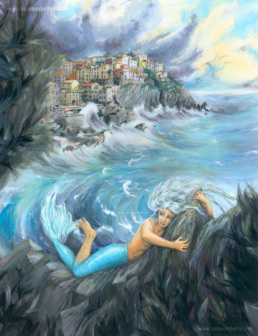 mermaid on the rocks with coastal seascape and Manarola - painting by sara marchetto