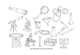 School science equipment, line art illustration for textbook by Sara Marchetto